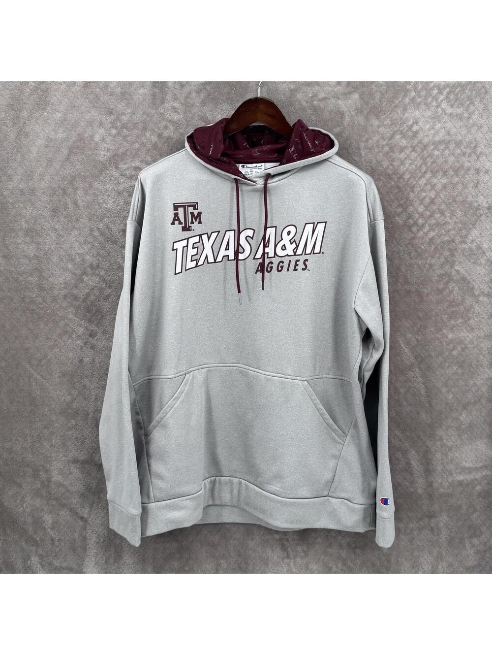 Texas A&M Aggies Hoodie Mens XL Gray NCAA Football Champion Sweatshirt Spellout